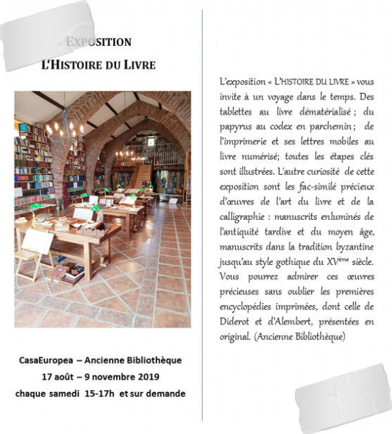 Exposition "L'histoire du Livre" du 17 août au 9 novembre 2019 à la CasaEuropea