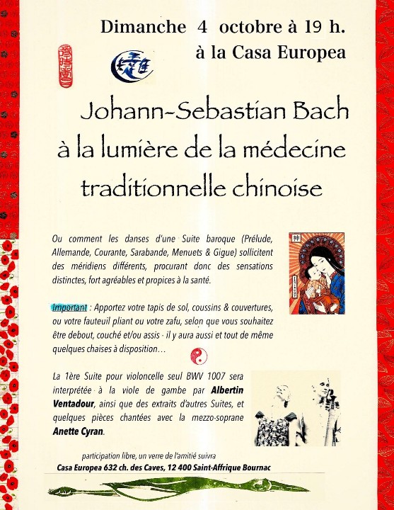 CasaEuropea : Concert Johann-Sebastian Bach à la lumière de la médecine traditionnelle chinoise le 4 octobre à 19h